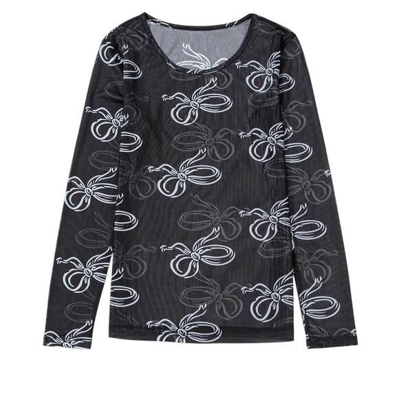 Black Round Neck Bow Print Long Sleeve Mesh Top New Sizes S M  XL - Picture 2 of 8
